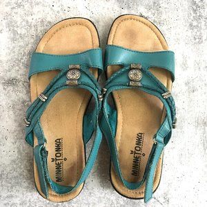 Minnetonka Silvie Cushioned Leather Slingback Sandals Shoes, Turquoise, Size 5W